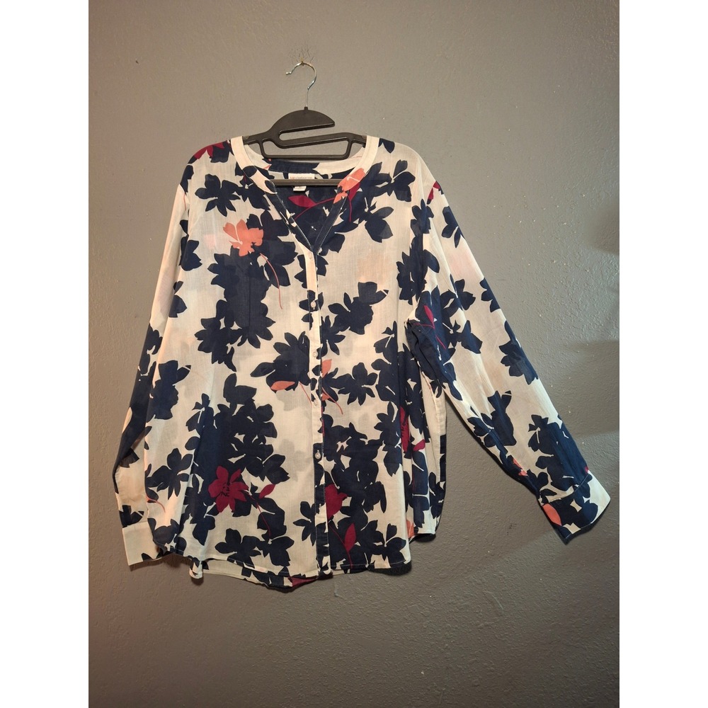 Liz Claiborne Floral Long Sleeve Button Down Blouse Navy Pink XL